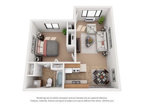 Floor plan for 1 bed, 1 bath, 581 sqft